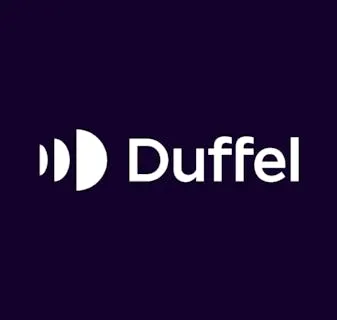 Duffel logo on a dark background with circular elements.