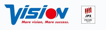 Logo featuring the word "VISION" with a red circle, slogan "More vision, More success."